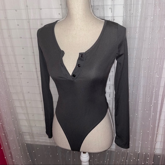 Grey Ribbed Button Up BodySuit - Picture 4 of 7